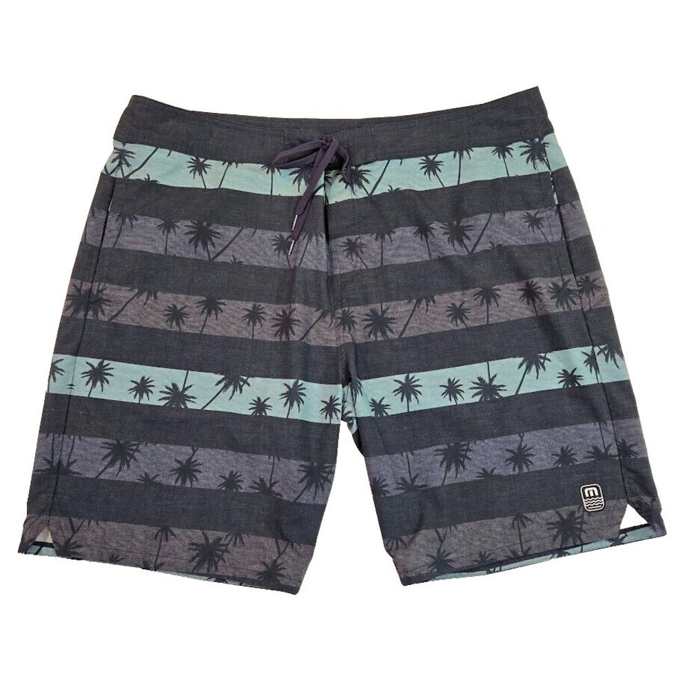 Travis Mathew Board Shorts Men's‎ Size 40 Blue Striped Palm Trees Swim Trunks